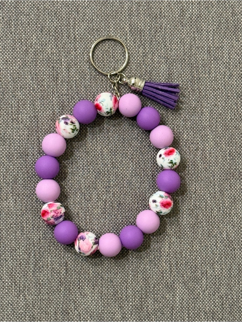 Purple & Floral Beaded Keychain Keyring Bracelet